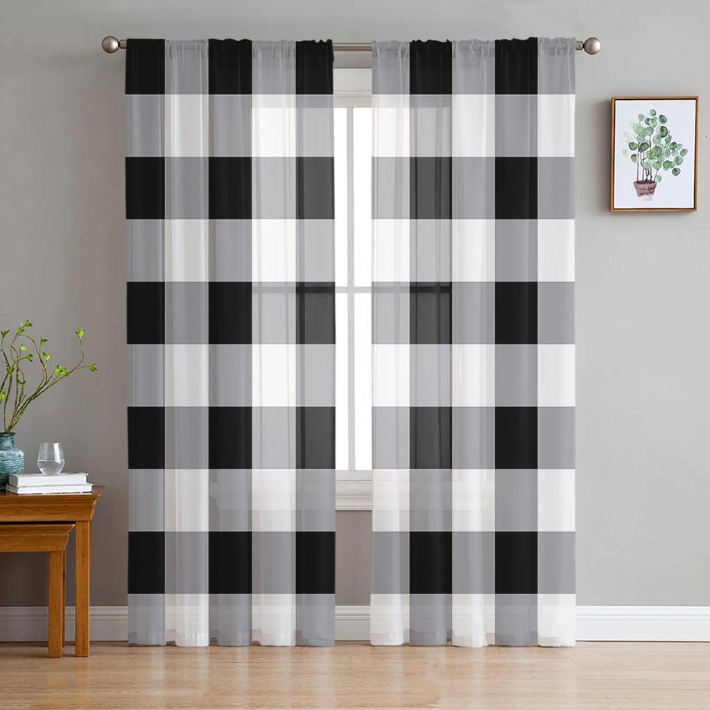 Black Grey Plaid Tulle Curtains For Living Room Bedroom Modern Chiffon Sheer Kitchen Curtains