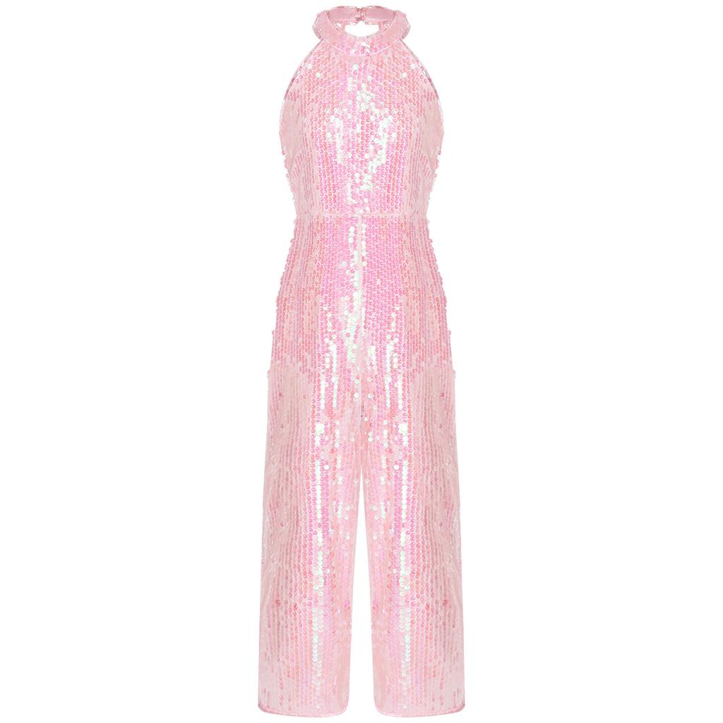 Girls Shiny Sequin Romper Halter Neck Wide Leg Pants One Piece Jumpsuit Sleeveless Party Dancing Outfit