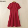 ZANZEA Женское повседневное свободное плиссированное платье с отложным воротником и коротким рукавом