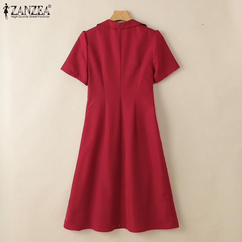 ZANZEA Женское повседневное свободное плиссированное платье с отложным воротником и коротким рукавом
