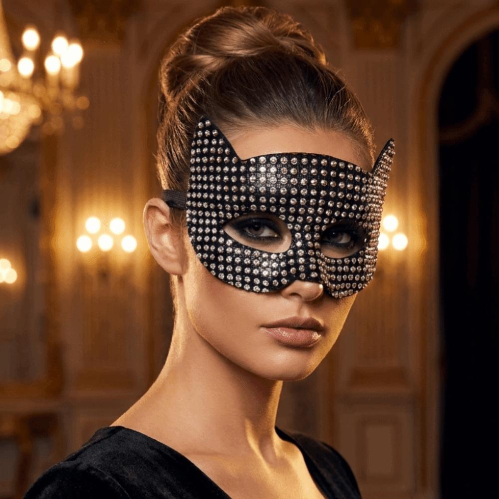 Sparkly Cat Ear Half Face Mask Rhinestone Masquerade Eye Mask New Halloween Mask Costume Party