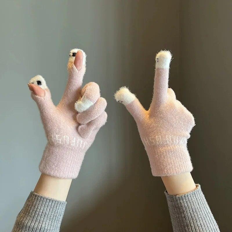 Милые зимние теплые перчатки для женщин и девочек, зимние пушистые вязаные перчатки, шерстяные варежки с сенсорным экраном и полным пальцем