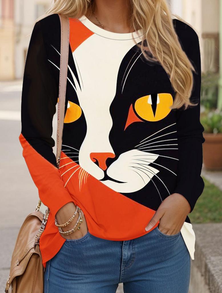 Women's T Shirts 3D Print Art Design Cat Pattern Long Sleeve Daily Weekend Fashion Funny Round Neck Regular Fit Spring & Fall