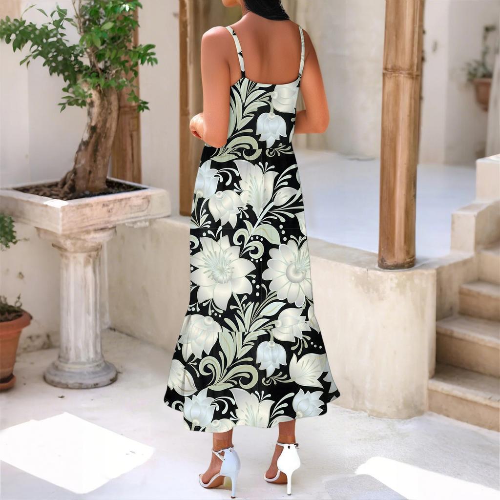 Women's Long Beach Casual Elegant Spaghetti Strap Maxi Dress Stitching Low-key Flowing Bohemian Dress
