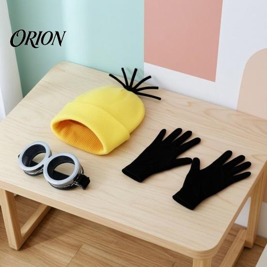 Soft Knitted Fabric Hat 3Pcs Halloween Costume Accessories, Yellow Steampunk Goggles Retro Style Gloves Adults Cosplay Party Set for Men Women