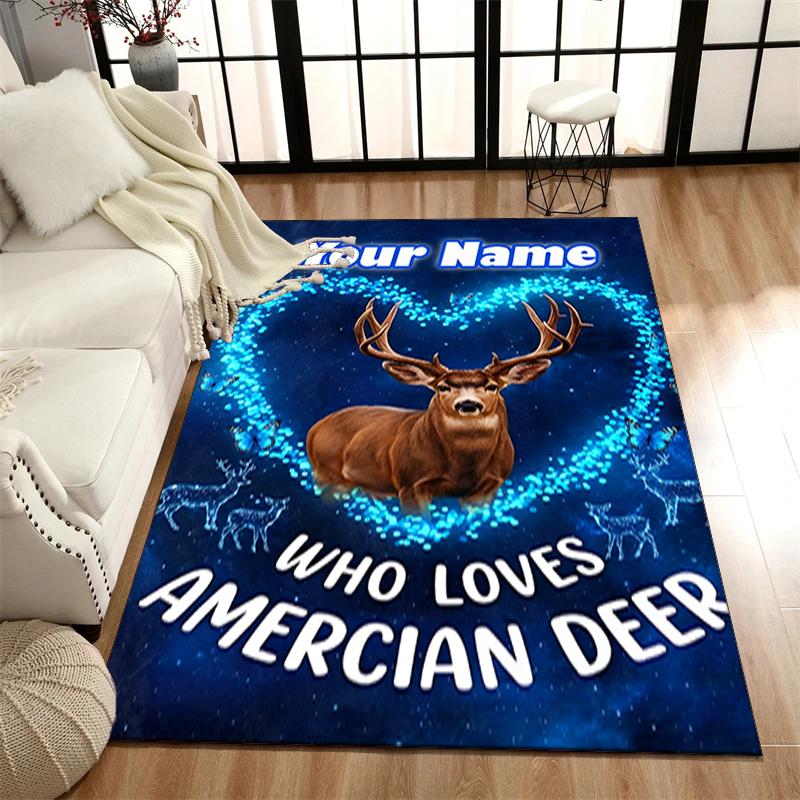 1PC Custom Name American Deer Love Theme Floor Mat Ideal for Living Room, Game Rooms, Office, Bedroom,Floor Mat Playful Design
