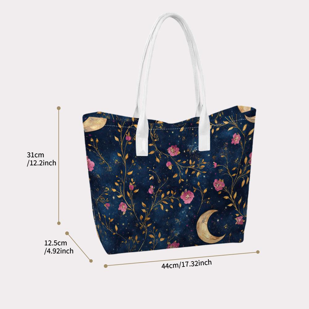 Celestial Moon Flower Print Tote Bag Elegant Portable Daily Shoulder Bag for Women Casual Outdoor Shopping Carry Handbag