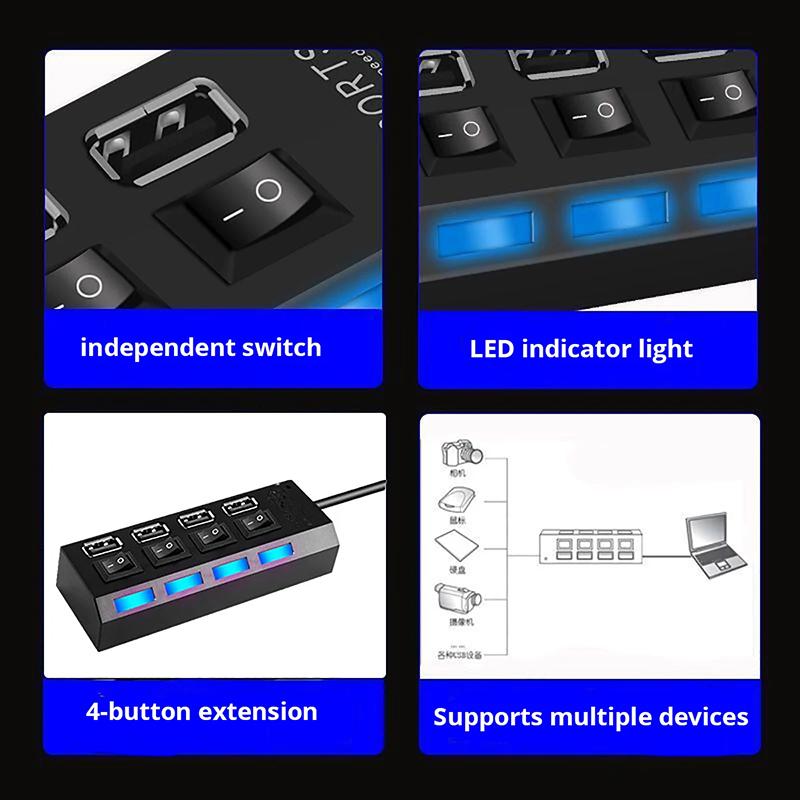 High Speed 4 Ports USB HUB 2.0 Adapter Expander Multi USB Splitter Multiple Extender With LED Lamp On/Off Switch For PC Laptops