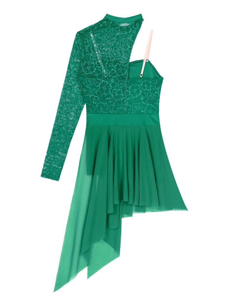 Женское асимметричное платье для лирического танца на одно плечо с кружевными длинными рукавами