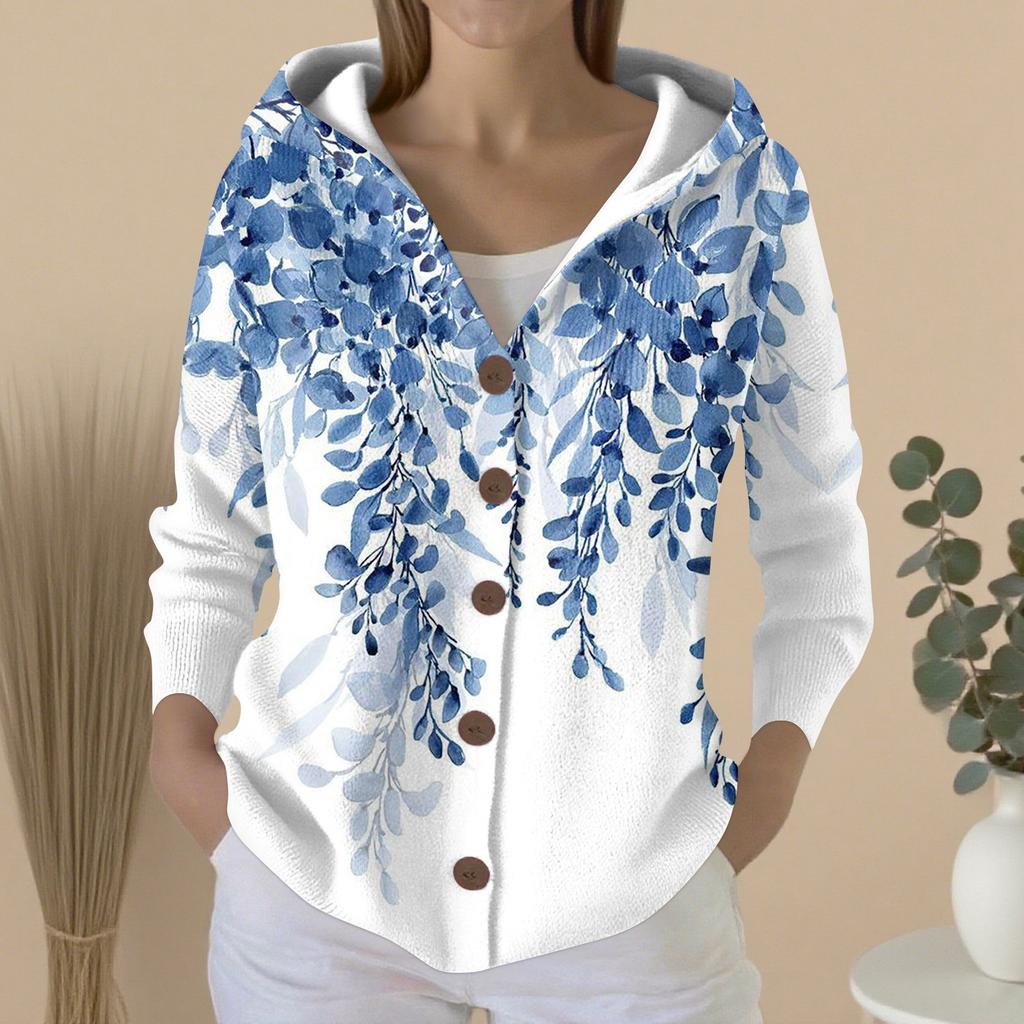 Women's Fashion Casual Sweater Button-Up Print Cardigan Hooded Jacket