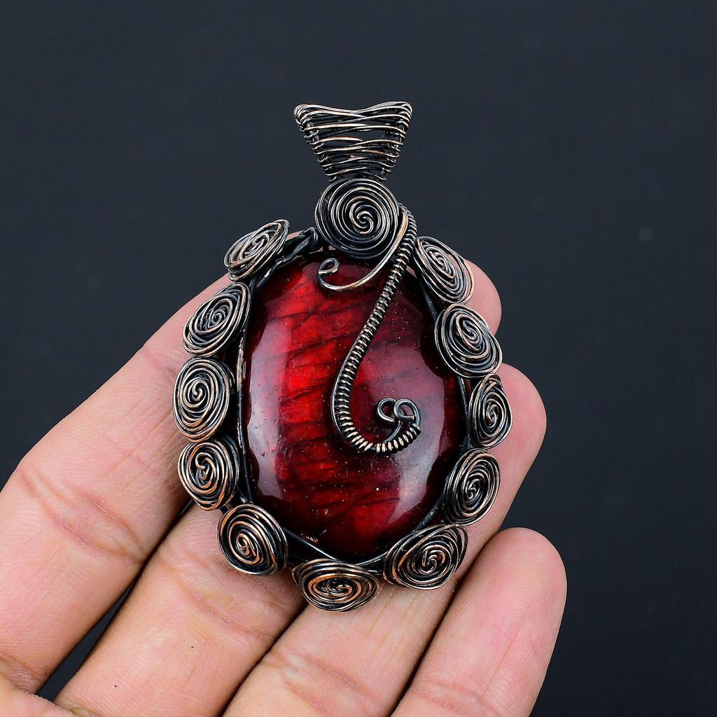 Красная вспышка лабрадорит драгоценный камень медная проволока оберточная кулон ручной работы ювелирные изделия для свадебного подарка