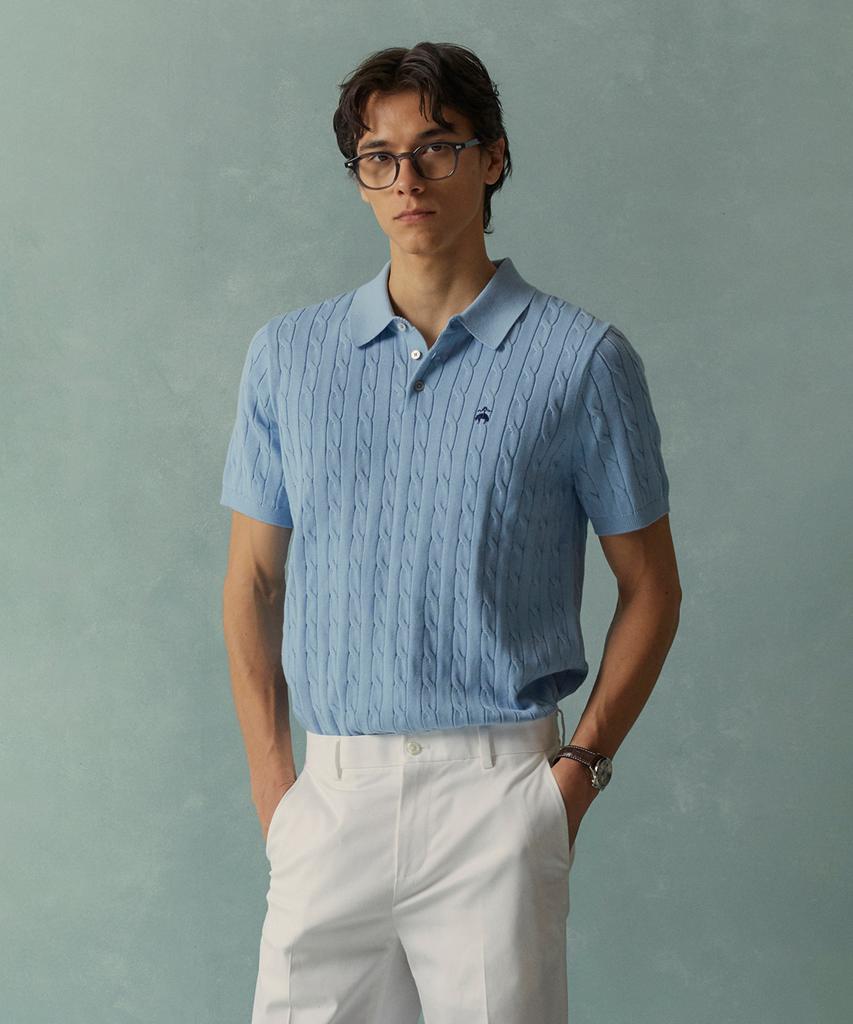 BROOKS BROTHERS Cotton Cable Polo Short Sleeve Sweater (Light Blue) (Bbwtmog204)