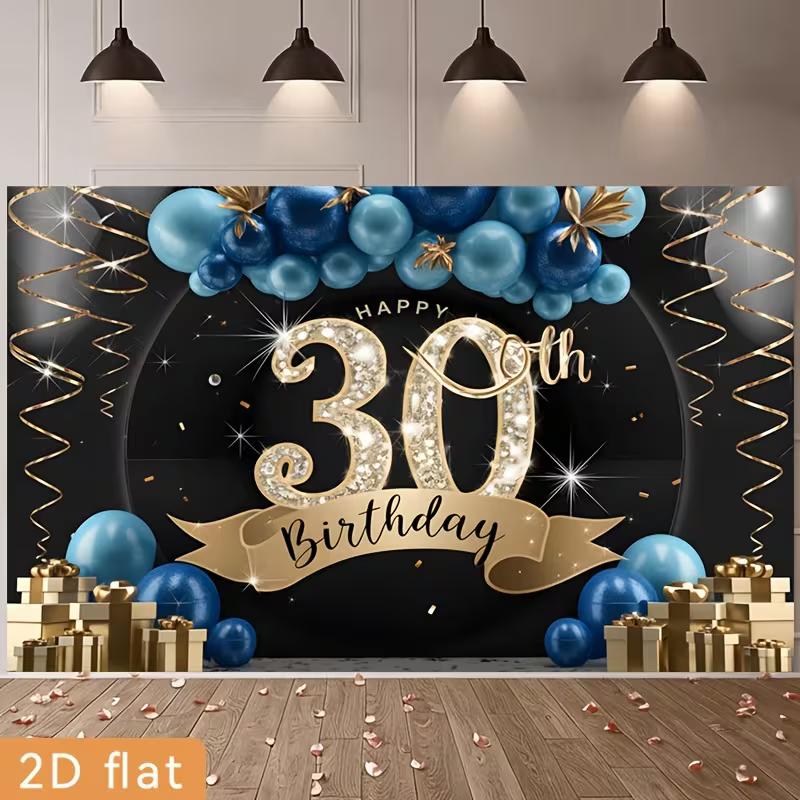 2D Фотофон для 30-летия Черный фон с золотой цифрой и синими шарами