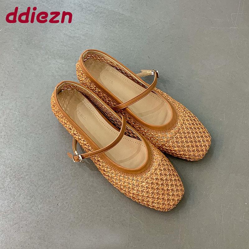 Fashion Female Weave Women Flats Shoes With Height Increasing Footwear Shallow Fashion Buckle Strap Ladies Flats Mary Janes Shoes