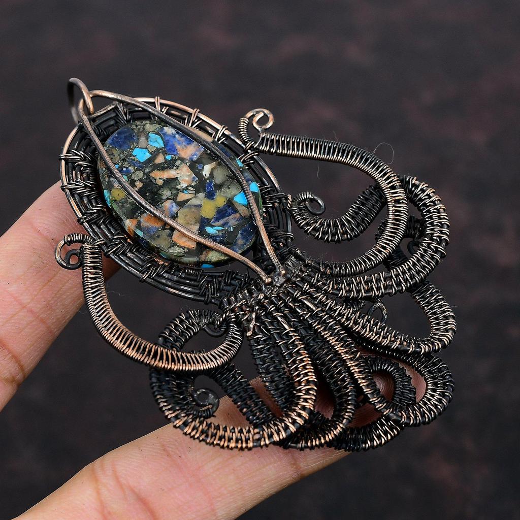Copper Multi Turquoise Pendant Copper Wire Wrapped Gemstone Pendant Multi Turquoise Jewelry Octopus Pendant For Gift Handmade Copper Jewelry