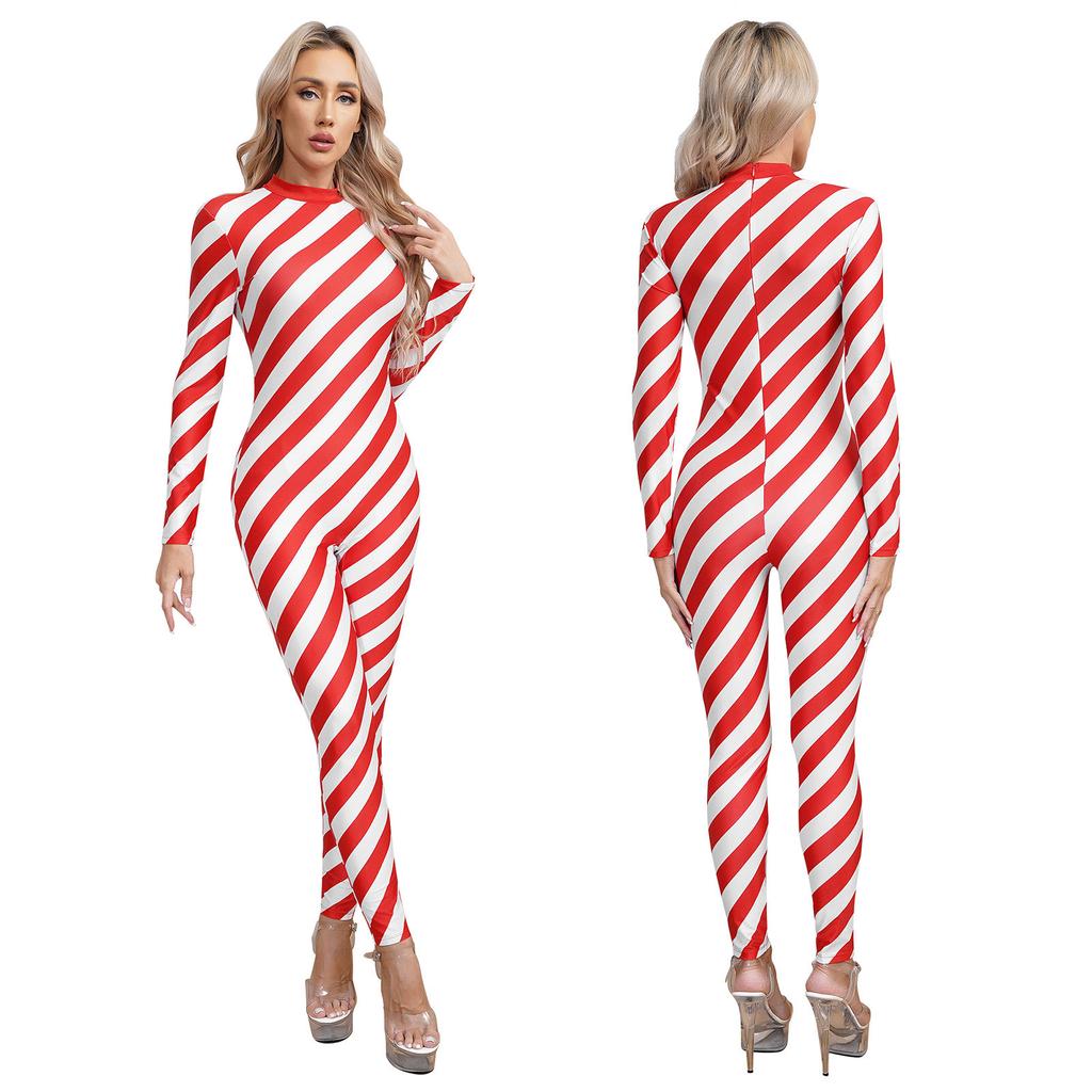 Womens Christmas Candy Cane Bodysuit Costume Mock Neck Long Sleeve Back Zipper Contrast Unitard Jumpsuit