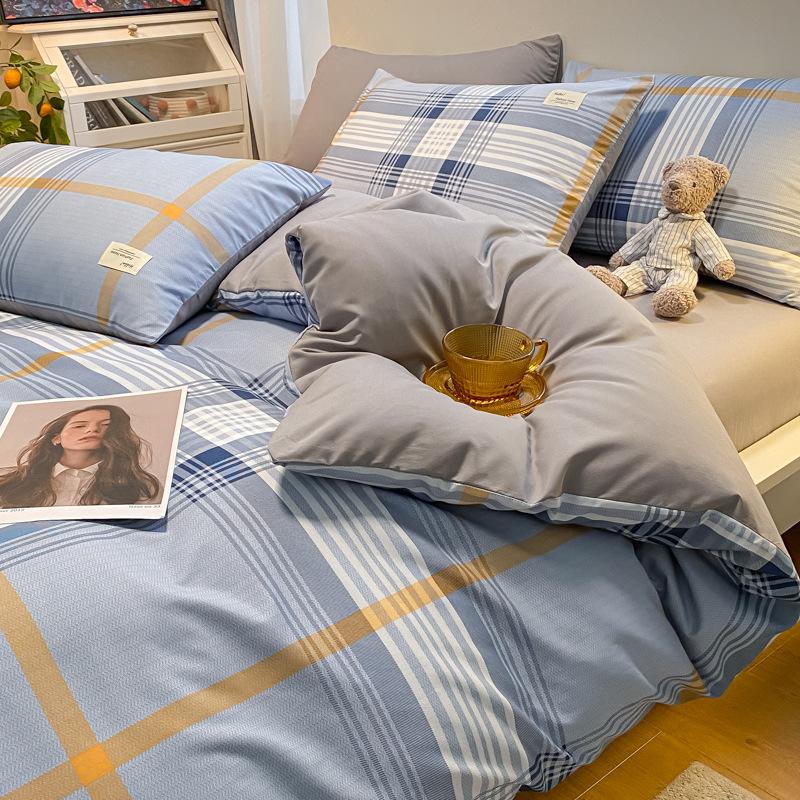 Простыня в клетку из четырех предметов и пододеяльник в японском стиле в скандинавском стиле, набор из трех предметов из стираного хлопка с начесом