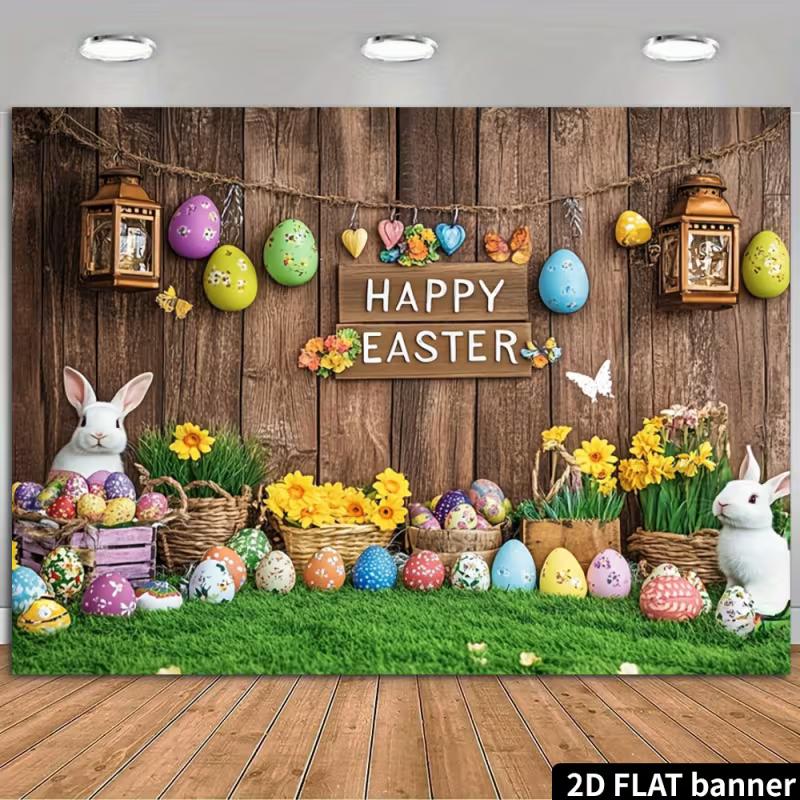 2D Rustic Happy Easter Banner - Wooden Wall Bunny Eggs Backdrop for Easter Celebration Photography