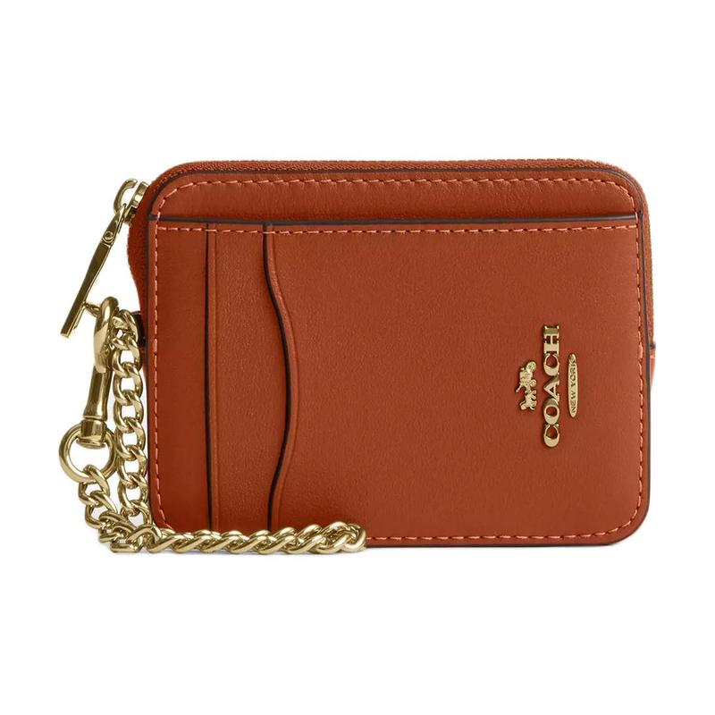 Coach Кошелек для карт дизайн с тиснением старого письма и ремешком-цепочкой, держатель для карт из телячьей кожи, одинаковый стиль для мужчин и женщин, янтарно-коричневый янтарно-коричневый