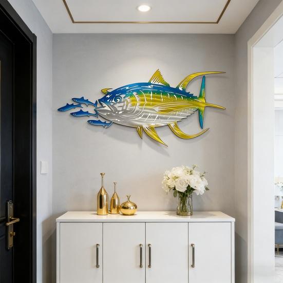 Metal Tuna Fish Wall Art Ocean Theme Wall Hanging Sculpture Blue Fish Cutout Wall Sign for Coastal Home Office Patio Indoor Outdoor Decor