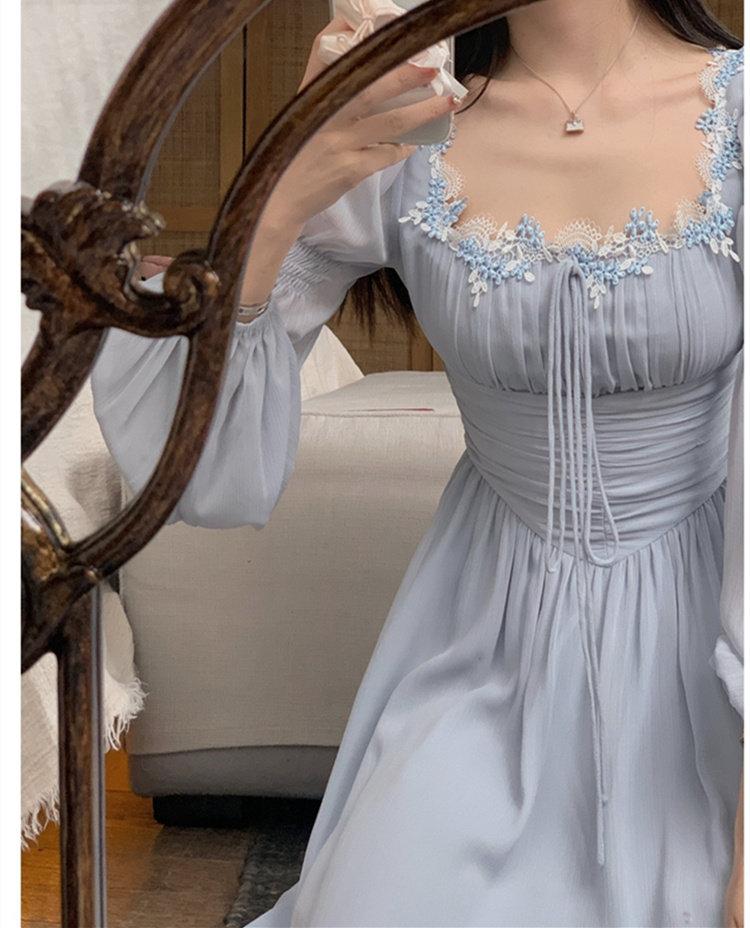 Платье миди с квадратным воротником для женщин, винтажное женское платье с рукавами-фонариками, шикарное повседневное платье на шнуровке Y2k