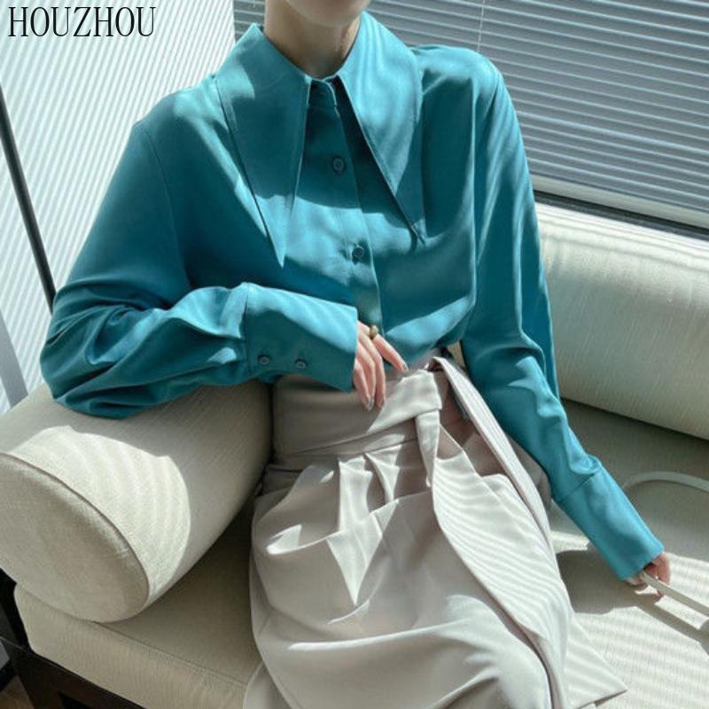 HOUZHOU Шикарная женская рубашка с острым воротником, корейская элегантная ретро-элегантная женская классическая блузка для поездок на работу