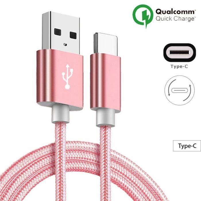 Câble USB Type C - Samsung - Galaxy S8/S9/S10 - 1M - Nylon Rose - Pratique et Esthétique