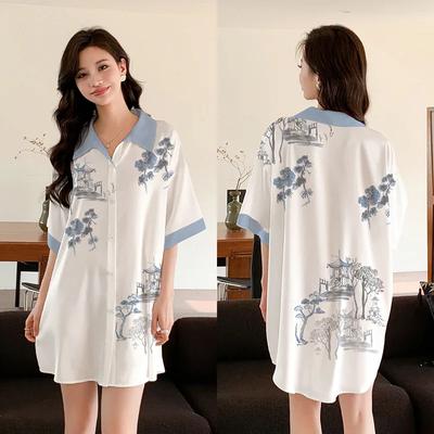 Ночная рубашка женская домашняя одежда летний тонкий кардиган на пуговицах удобный повседневный свободный большой размер