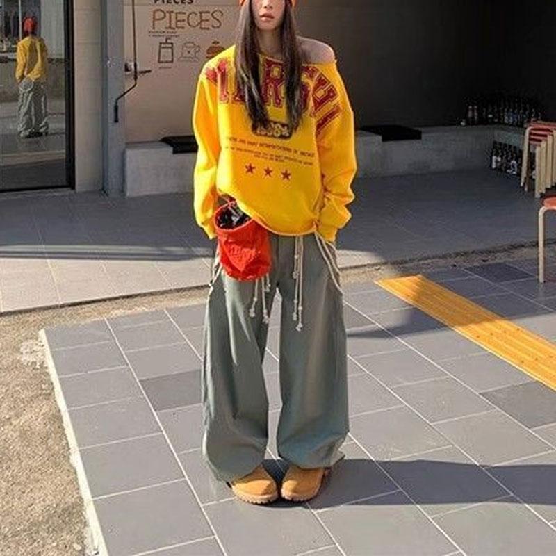 Женская одежда Толстовки с принтом букв Стильные асимметричные Новые Американский ретро Косой воротник Свободные С открытыми плечами Толстовки