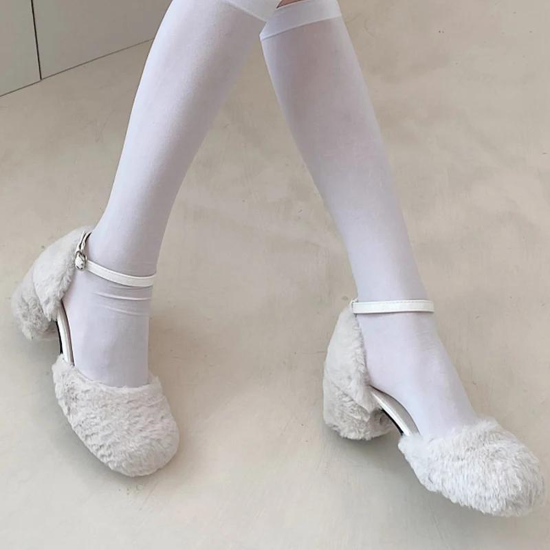 Fur Women Mary Janes Shoes Designer Shallow Mid Heels Pumps Autumn Fashon New Buckle Shoes 2024 Dress Party Zapatillas Mujer