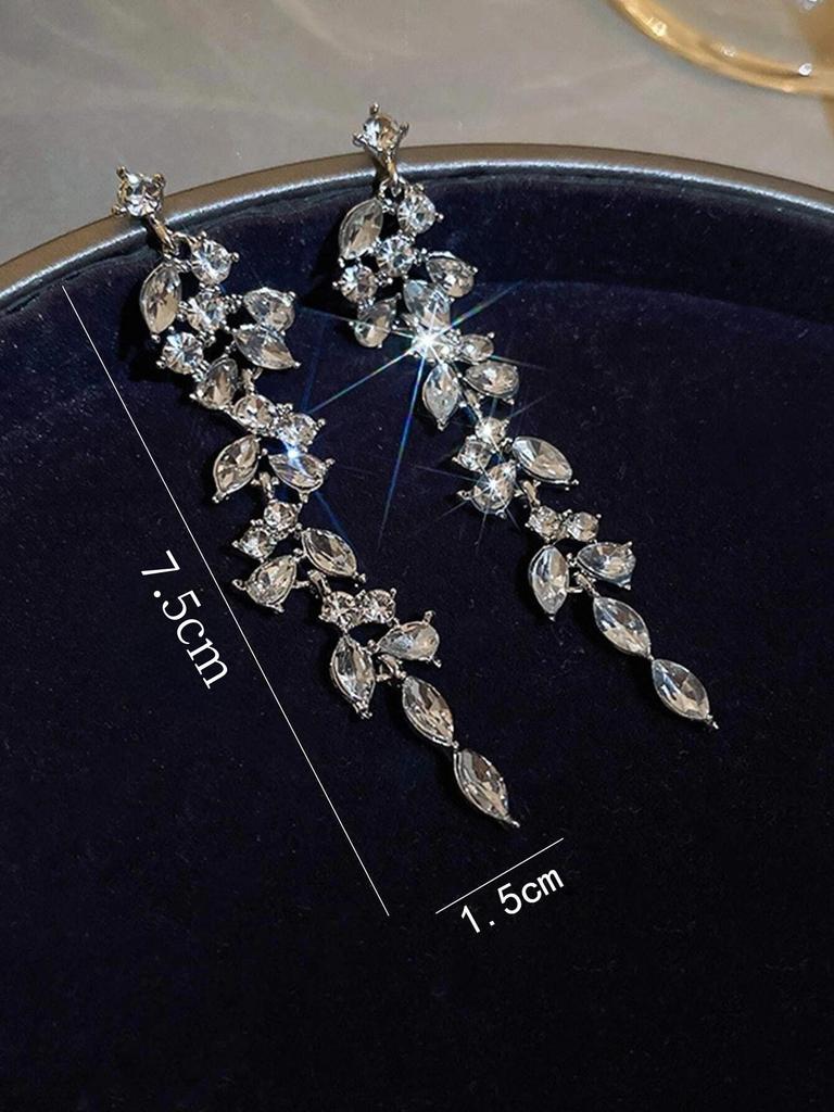 2pcs Fashionable and High-end Long Tassel Full Diamond Leaf Earrings for Women's Banquet Dress Accessories