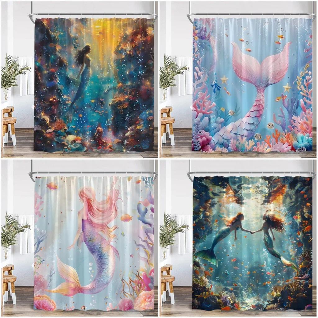 Magical Mermaid & Coral Reef Waterproof Shower Curtain - Enchanting Underwater Fantasy for Dreamy Bathroom Decor