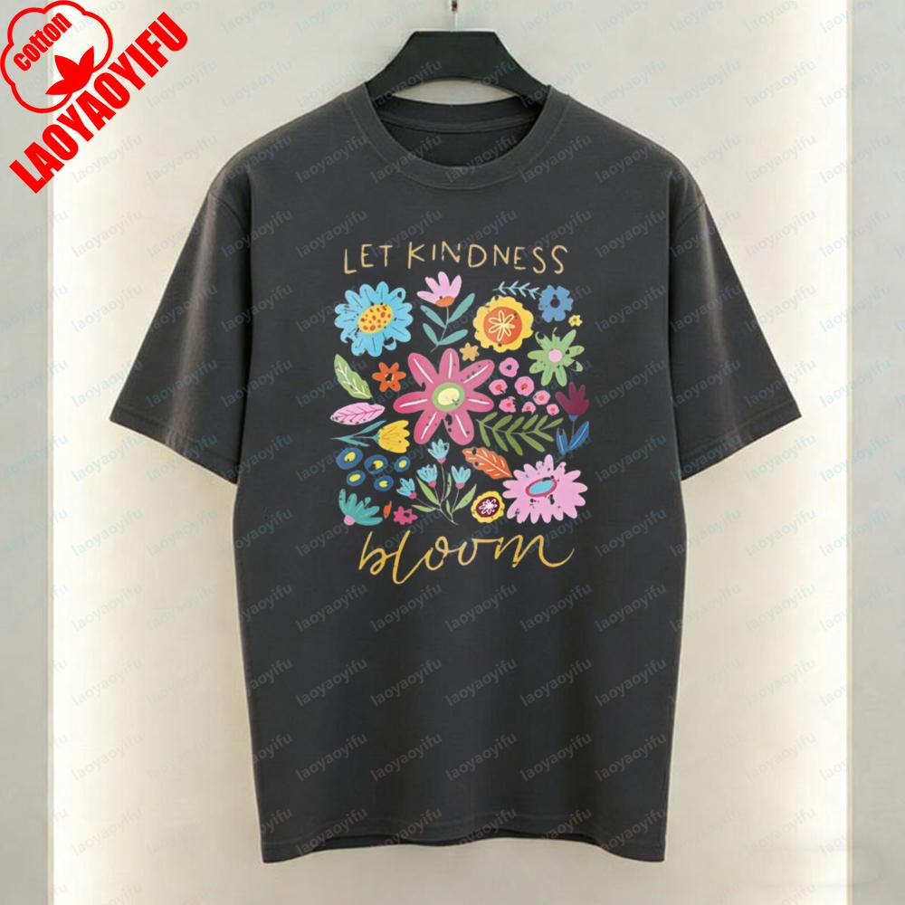 Let Kindness Bloom Art Aesthetic TShirt Colorful Wildflower Graphic Tops Fun Trendy Harajuku Casual Style Cotton Tee for Women