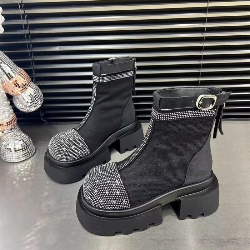 Fashion Outdoors Women's Ankle Boots Side Zipper 2024 High Quality Rhinestone Decoration Square Heel Fashion Boots Zapatos Para Mujeres