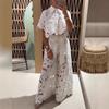 Women Spring Elegant Lapel Half-sleeved Crop Top + Wide-leg Pants Sexy Hollow 2-piece Set