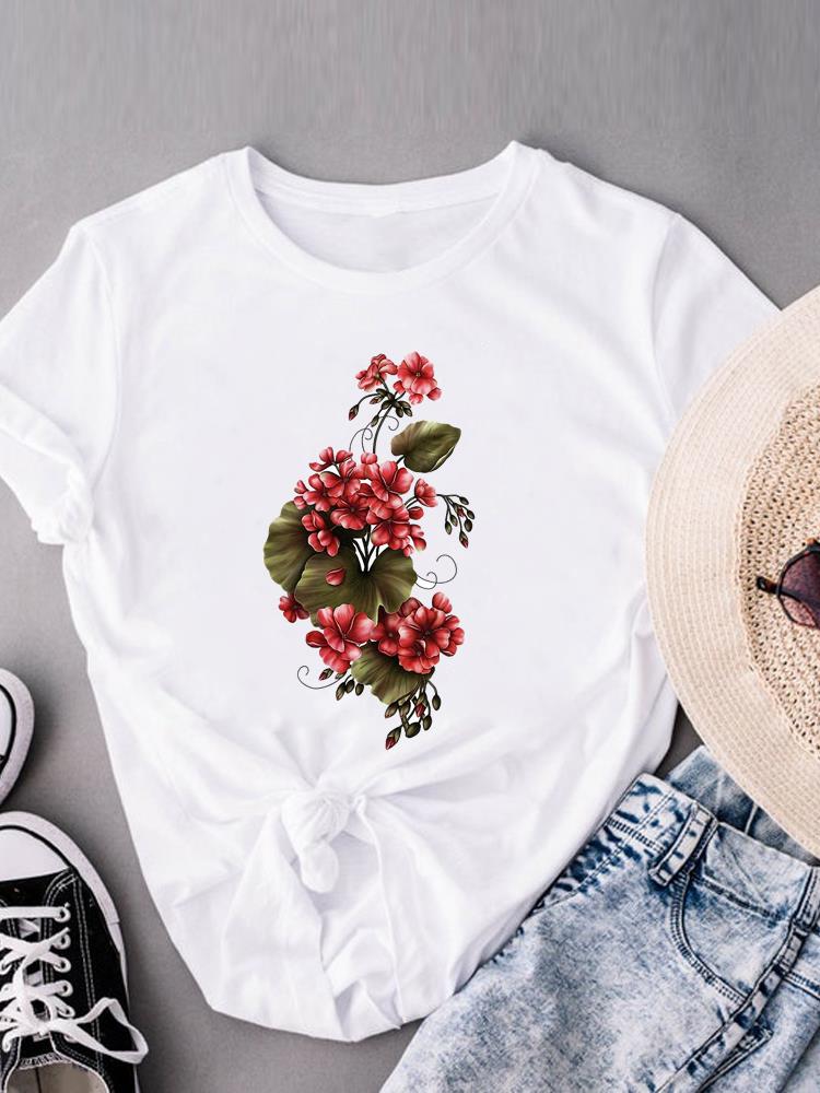 (Азиатский размер) Футболки с коротким рукавом с милым цветком, футболка с модным принтом для женщин, повседневная женская футболка с графическим принтом