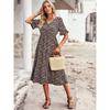 Summer Women V Neck Elegant Printed Short Sleeve High Waist A Line Floral Holiday Dress
