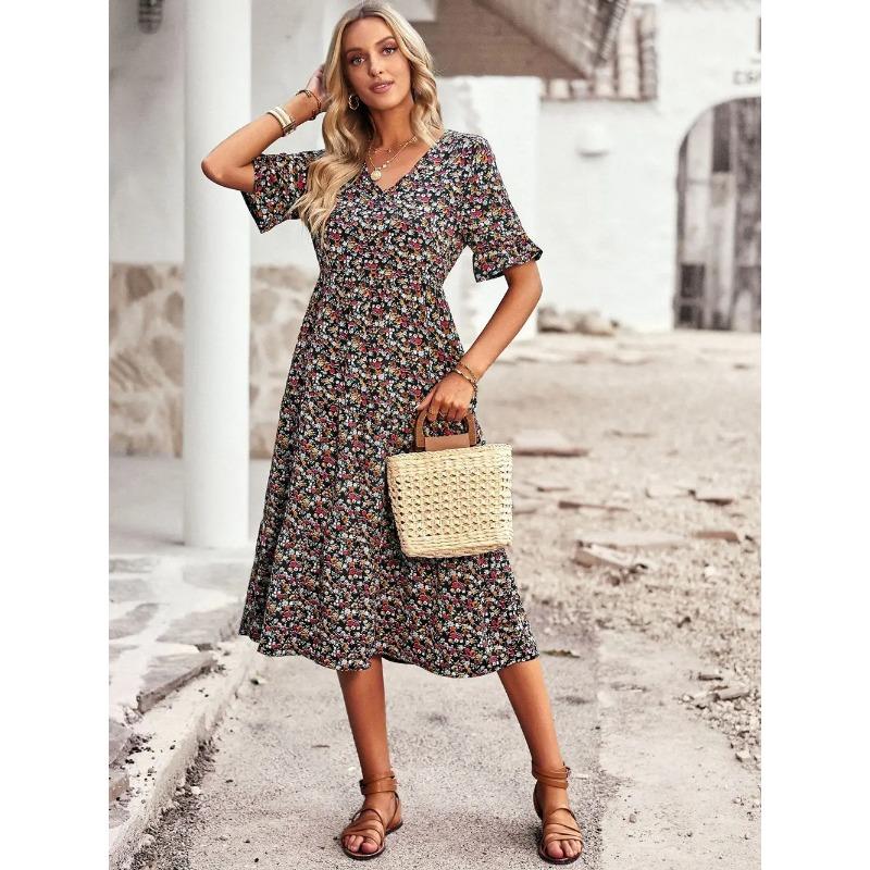 Summer Women V Neck Elegant Printed Short Sleeve High Waist A Line Floral Holiday Dress