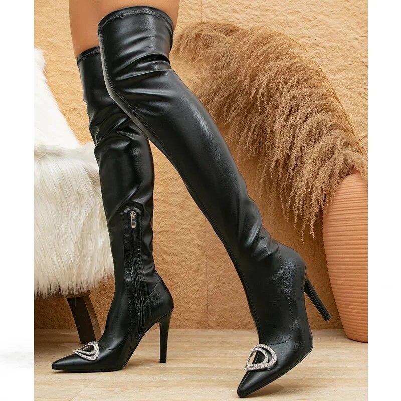 Eilyken Сексуальные сапоги выше колена с острым носком, модные женские зимние длинные ботильоны на тонком высоком каблуке с молнией сбоку