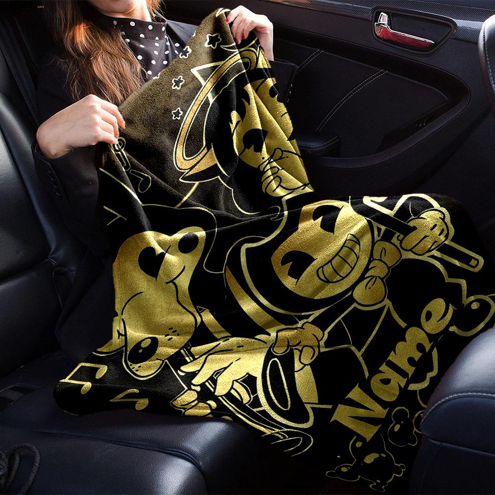 Custom Name Bendy and the Ink Machine Theme Printed Blanket - Perfect for Couch, Bed, Travel & Outdoor Use | Machine Washable, Cozy & Durable.