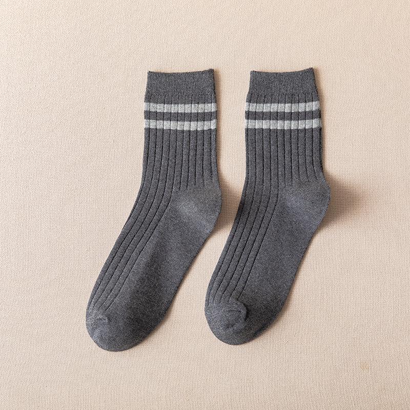 Men's Spring and Autumn Mid-length Socks, Classic Two-bar Sweat-absorbing and Breathable Sports Stockings, Versatile Cotton Socks