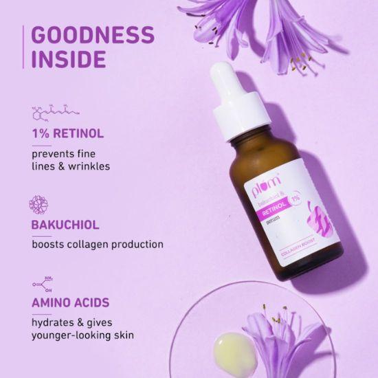 Plum Ночная сыворотка для лица с 1% ретинолом и бакучиолом против старения | Увеличивает выработку коллагена, уменьшает мелкие морщины и складки | 20 мл