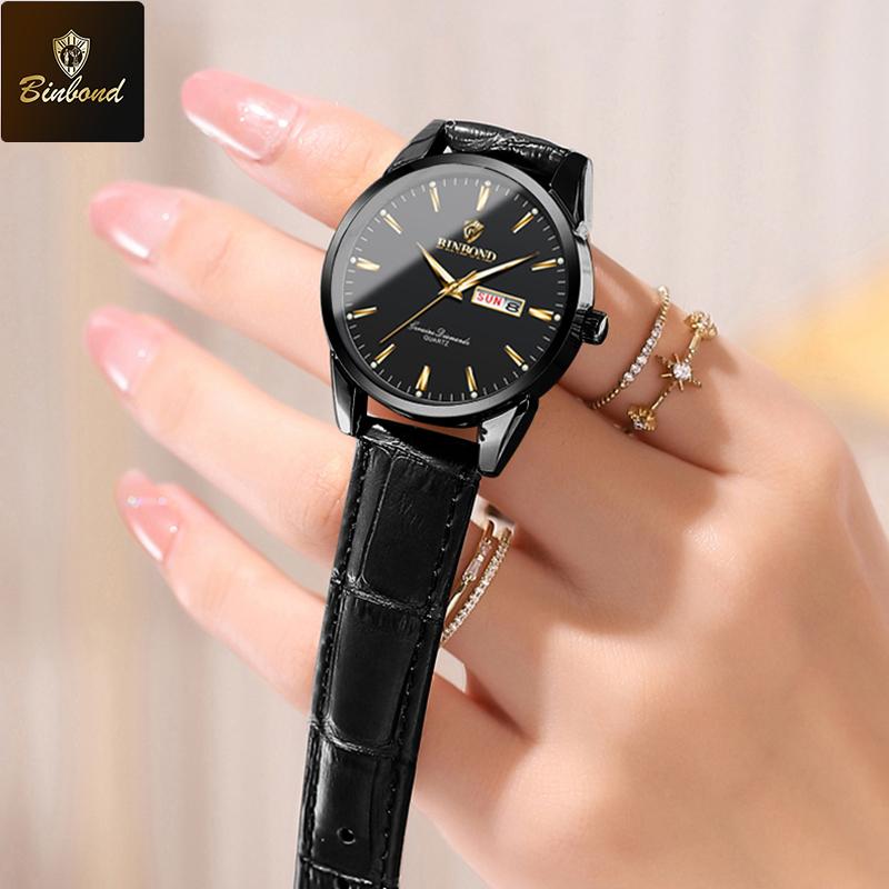 BINBOND B2238 Waterproof Luminous Leather Strap Dual Calendar Watch for Women Original Fashion Brand Quartz Women's Watches