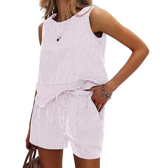 Женские летние комплекты из 2 предметов: майка без рукавов, шорты, повседневные полосатые спортивные костюмы, комплект для отпуска на пляже
