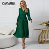 Spring and Autumn Women's Dress Solid Color Long Sleeve Slim Temperament Elegant Pleated Belt V-Neck Dresses