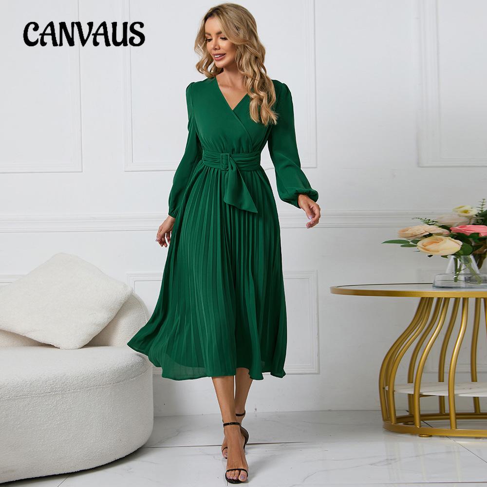 Spring and Autumn Women's Dress Solid Color Long Sleeve Slim Temperament Elegant Pleated Belt V-Neck Dresses