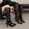 Pointed Toe Thin Sole Stiletto Heel Plus Size Pleated Mid-leg Boots Women's Shoes