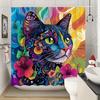 Cute Cartoon Cat Shower Curtain - Watercolor Painting Style, Fun Cat & Flowers, Modern Leisure Design,  12 Hooks