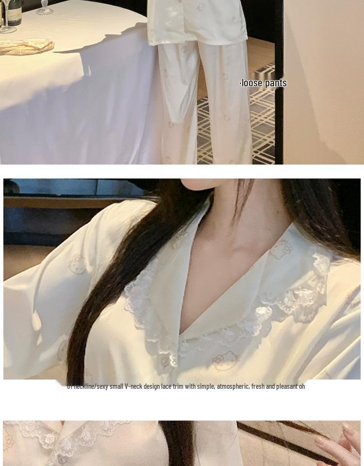 2025 Women's Ice Silk Pajama Set: Cute Kitty, Long-Sleeve for Spring and Autumn