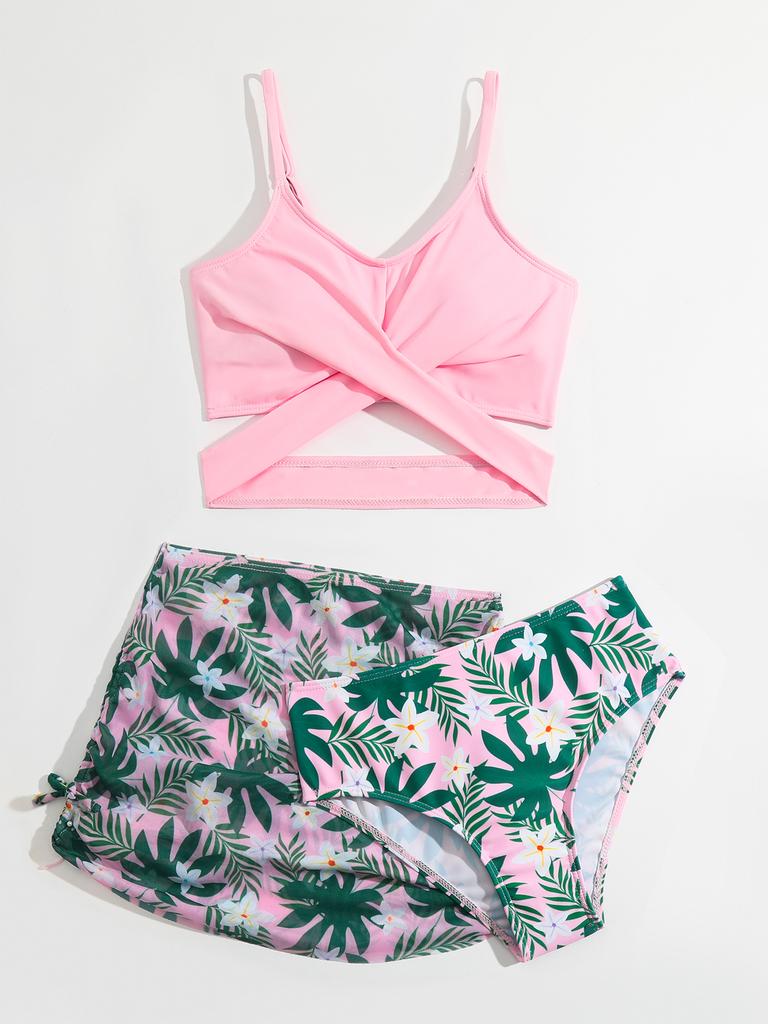 Модный комплект купальников для девочек из 3 предметов, детский летний пляжный купальный костюм с принтом сверху